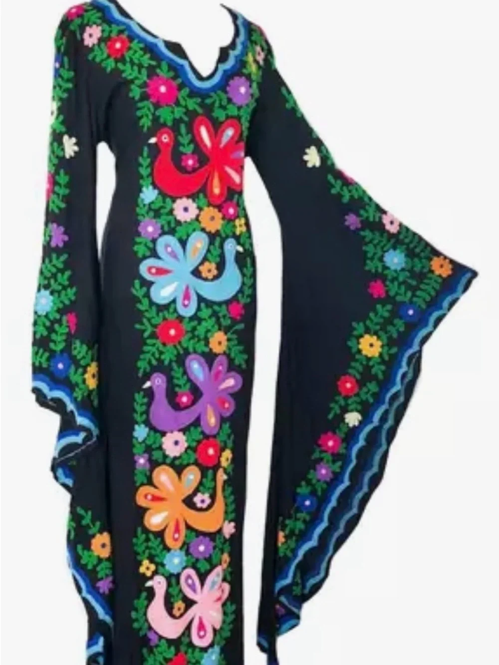 Embroidered Black Maxi Dress with Multicolor Floral & Peacock sz Sm - Picture 2 of 9